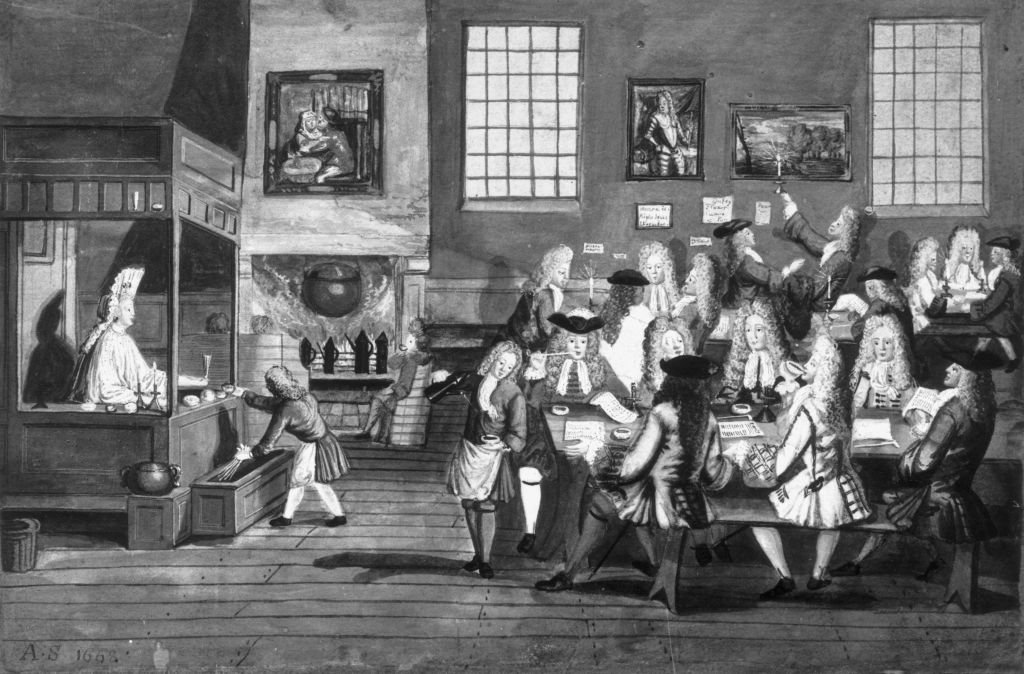 Cavalheiros reunidos em uma "casa de café", em 1668. (Fonte: Rischgitz/Getty Images)