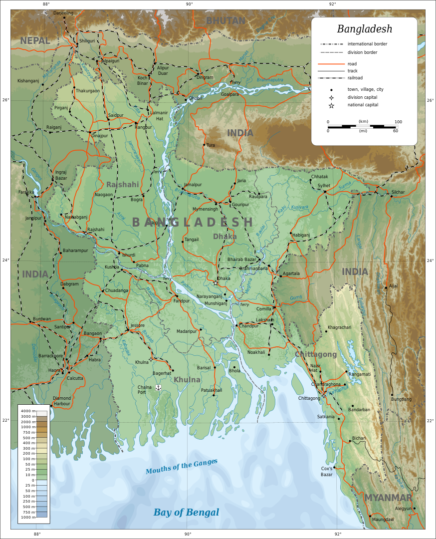 Mapa de Bangladesh, com suas inúmeras ilhas na Baía de Bengala (Fonte: Wikimedia Commons)
