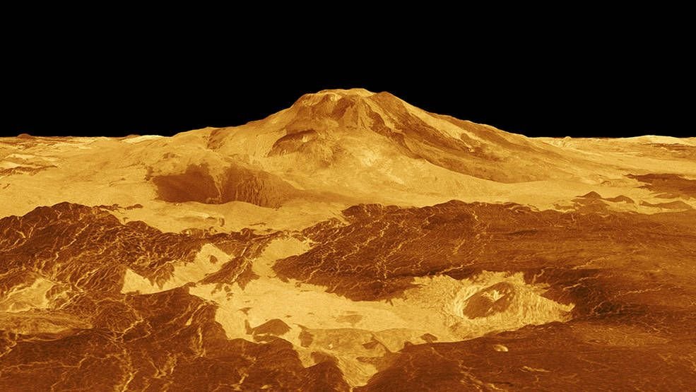Modelo 3D do cume de Maat Mons, o vulcão que entrou em erupção em 1991. (Fonte: NASA/Reprodução)