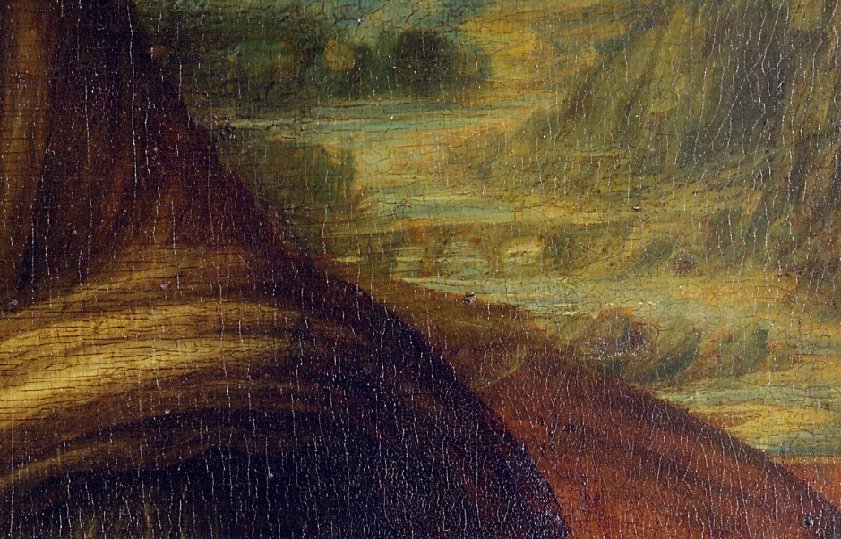 Detalhe da pintura, logo acima do ombro de Mona Lisa, mostra ponte etrusco-romana identificada pelo estudo. (Fonte: Wikimedia/Reprodução)