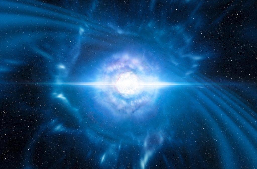 O impacto da fusão entre duas estrelas de nêutrons libera ondas gravitacionais capazes de gerar ondulações no tecido espaço-tempo