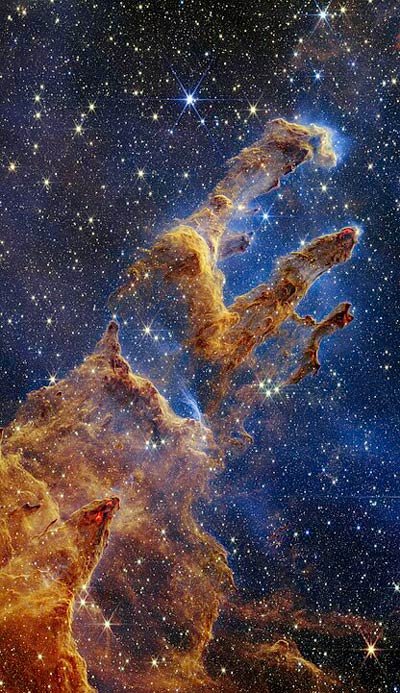 Imagem extremamente detalhada dos "Pilares da Criação" capturada pelo James Webb (Fonte:NASA/Wikimedia Commons)