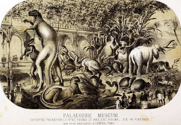 Cartaz divulgava o Paleozoic Museum, projeto pioneiro que planejava exibir esculturas de dinossauros em tamanho real no Central Park (Fonte: Wikimedia Commons/Reprodução)