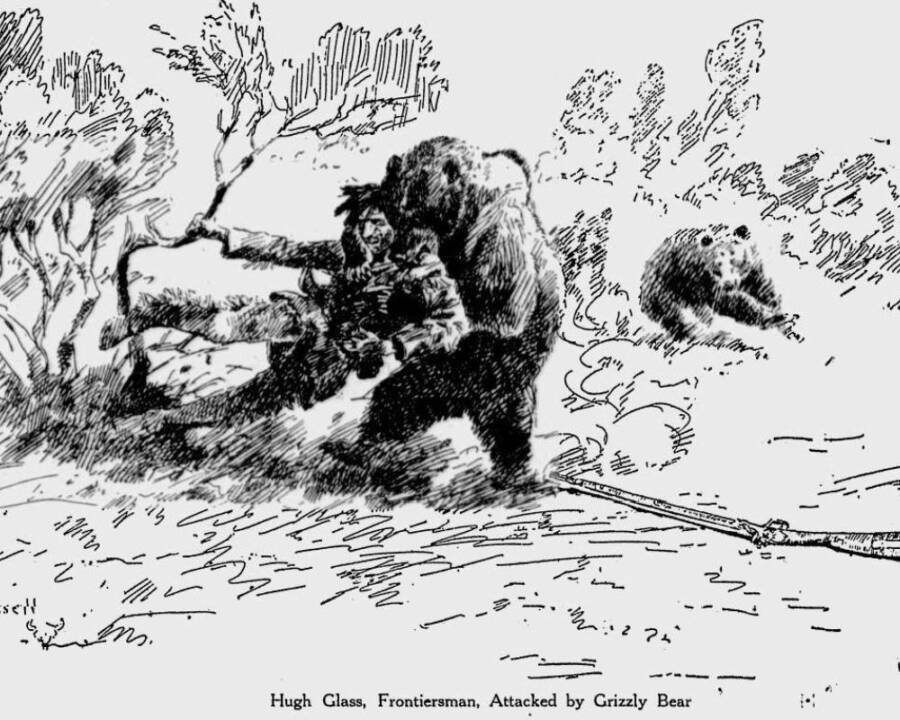 Reprodução do ataque a Hugh Glass em jornal de 1922. (Fonte: Wikimedia Commons/Reprodução)