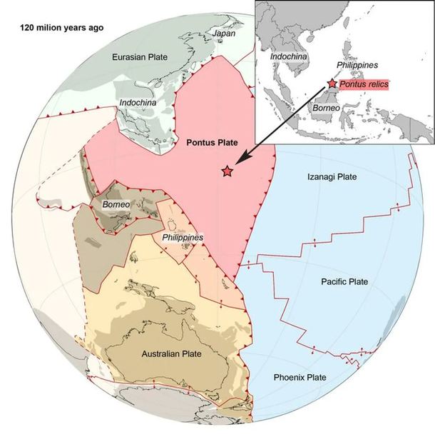 Reconstrução da placa oceânica do Pontus, mostrando a sua localização no Oceano Pacífico há 120 milhões de anos. (Fonte: Suzanna van Lagemaat)