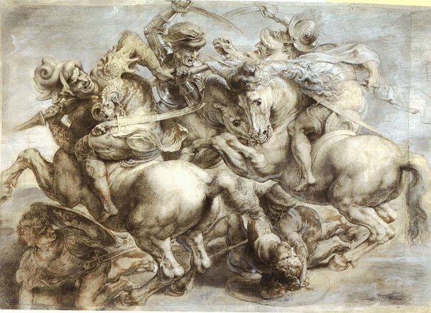 Esboo da Batalha de Anghiari, por Da Vinci. (Fonte: Wikipedia/Reproduo)