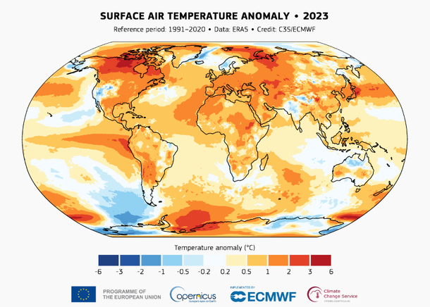 Mapa mostra as anomalias de temperaturas observadas em comparação com anos anteriores. (Fonte: Copernicus/Reprodução)