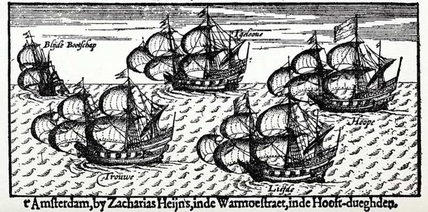 Gravura do século XVII mostra as cinco embarcações lideradas por William Adams. (Fonte: Zacharias Heijins/Reprodução)