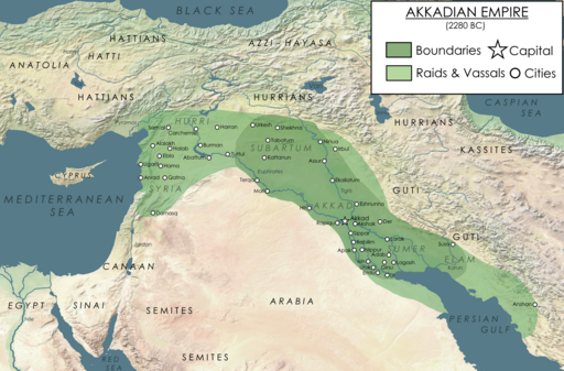 Mapa mostrando as fronteiras do Império Acadiano. (Fonte: Wikimedia Commons/Reprodução)