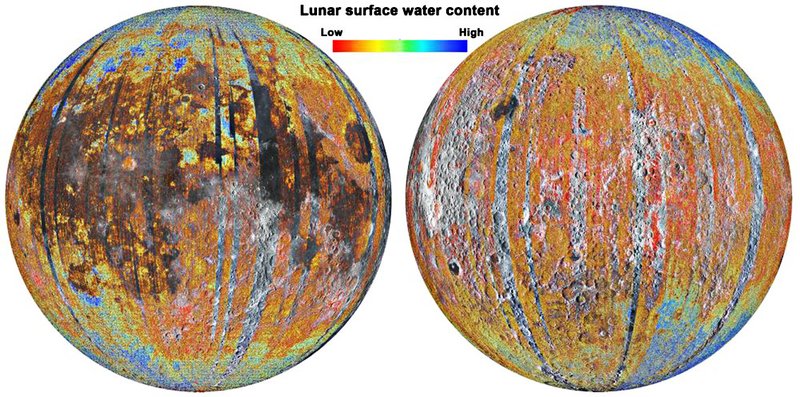 Mapa do conteúdo de água na superfície lunar. (Fonte: Li et al., 2023/Divulgação)