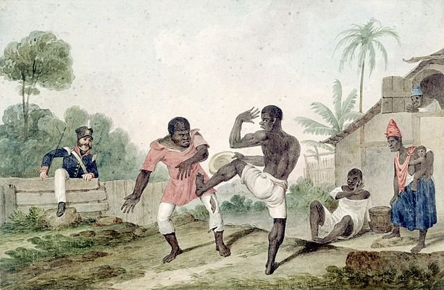 Pintura de Augustus Earle, de 1824, retratando negros lutando usando passos de capoeira. (Fonte: Wikimedia Commons/Reprodução)