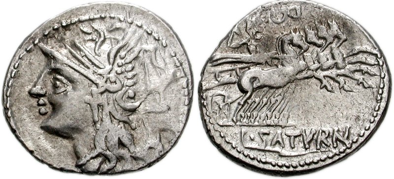 Moeda de Lúcio Saturnino com a personificação alegórica de Roma em destaque. (Fonte: Classical Numismatic Group via Wikimedia Commons)