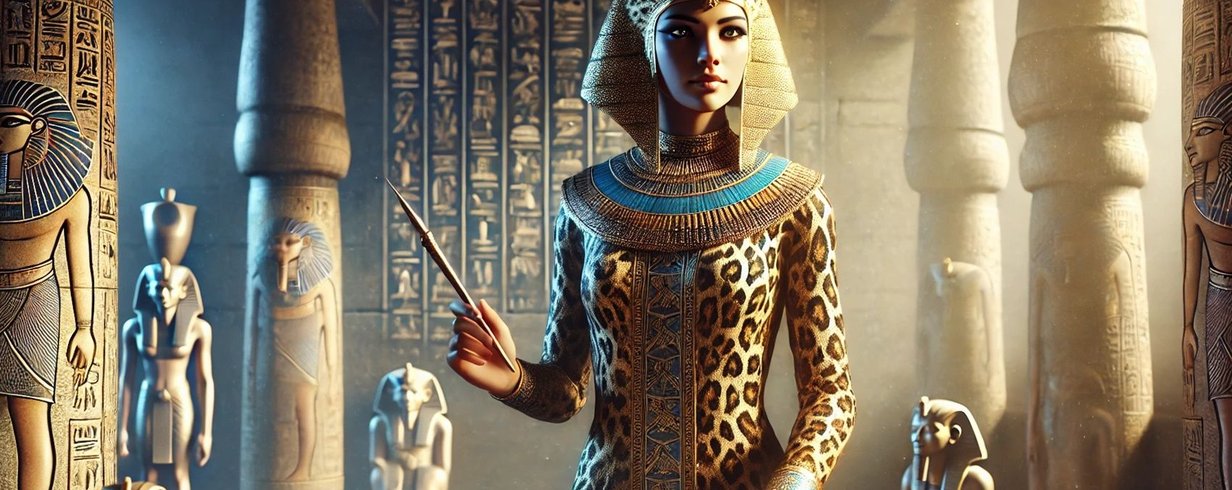 DALL·E 2024-11-06 18.23.52 - A highly detailed and realistic portrayal of Seshat, the Egyptian goddess of writing, wisdom, and books. Seshat is depicted wearing a leopard skin gar.jpg