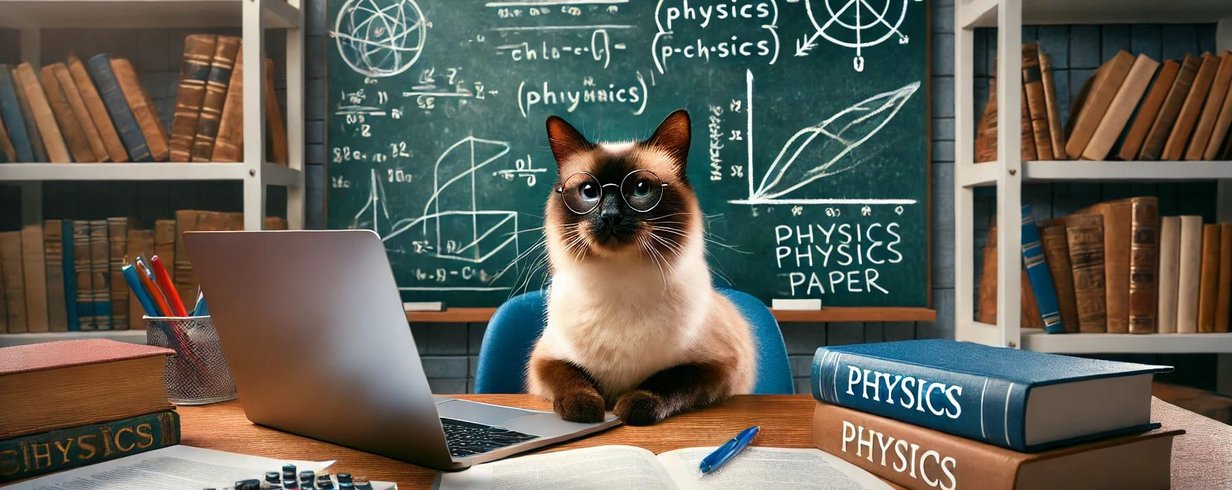 DALL·E 2024-11-27 12.28.15 - A Siamese cat sitting at a desk in a university setting, writing a physics paper. The cat is wearing glasses and has a serious expression. The desk is (1).jpg